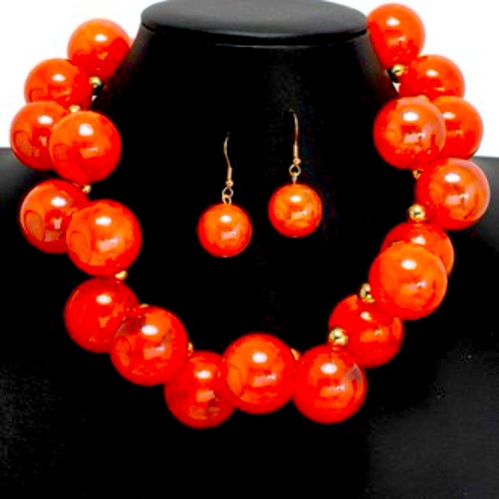 Bold Orange Beaded Necklace and Earring Set